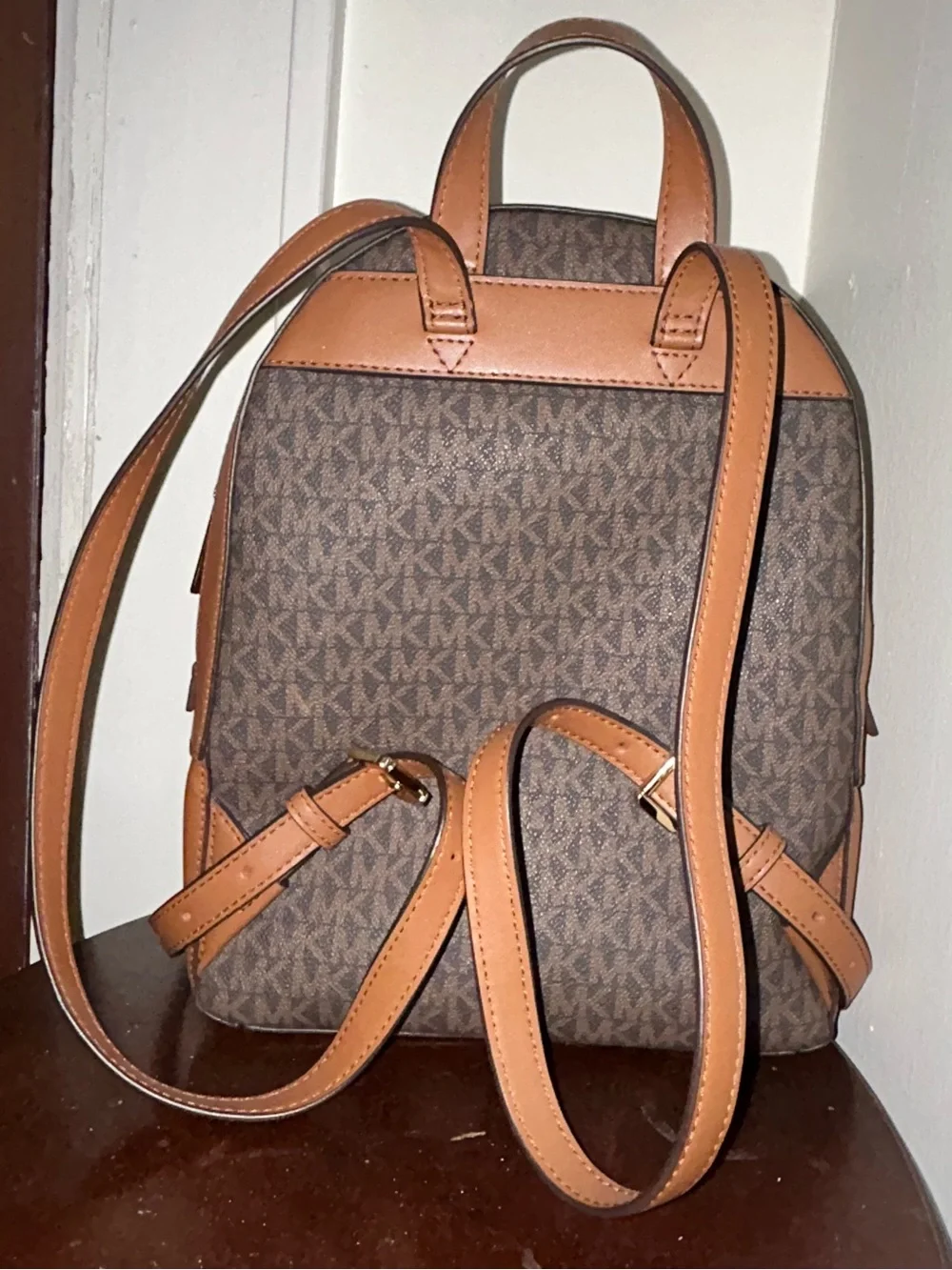 Michael Kors Brown Monogram Backpack with Tan Trim